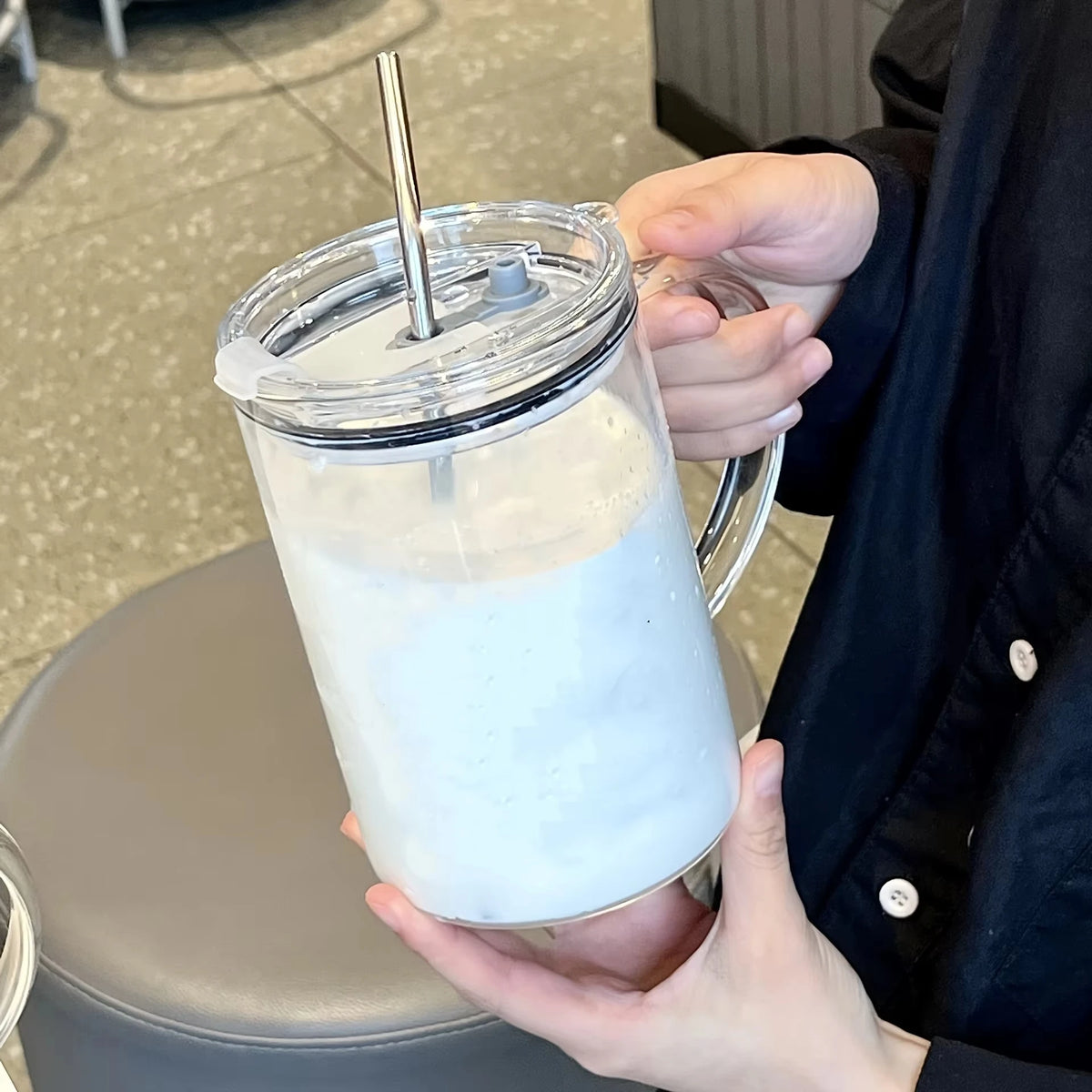 1L Large Capacity Glass Tumbler with Lid & Straw – Heavy-Duty Aesthetic Water Bottle