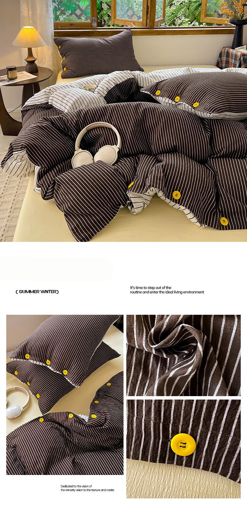 Japanese Simple Style 100% Washed Cotton Duvet Cover Set with Button Closure Durable Soft Bedding Set Bed Sheet Set Bed Linen