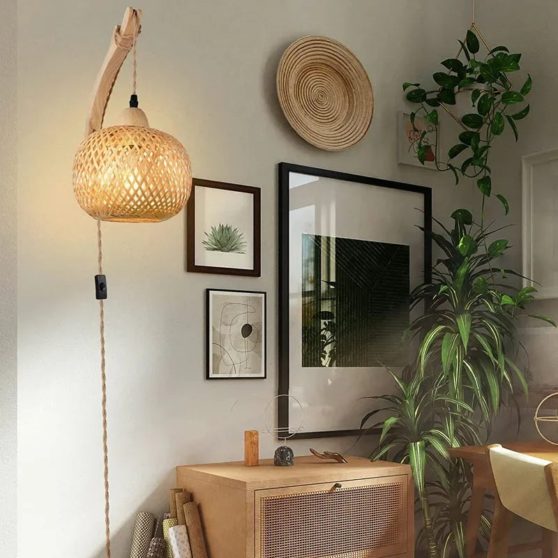 Bamboo Lantern Wall Lamp Natural Rattan Wicker E27 Chandeliers Hand-Woven Bamboo Room Decor Lampshades Wall Light Fixtures