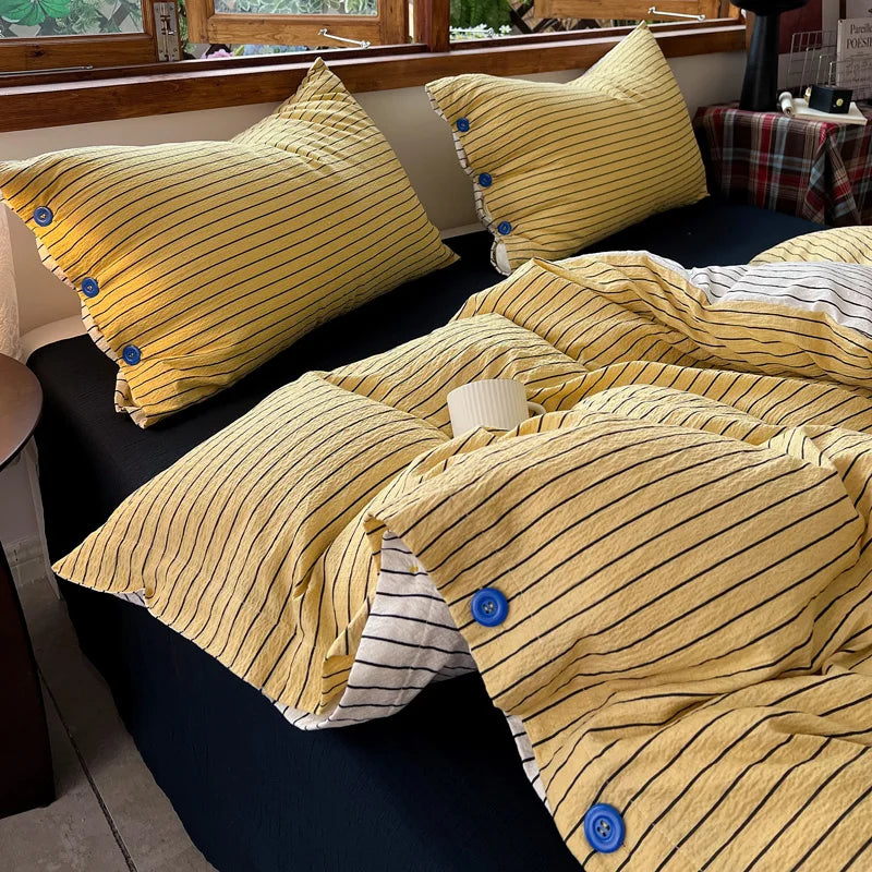 Japanese Simple Style 100% Washed Cotton Duvet Cover Set with Button Closure Durable Soft Bedding Set Bed Sheet Set Bed Linen