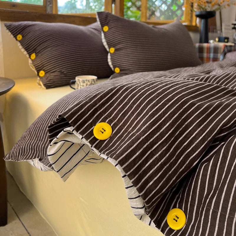 Japanese Simple Style 100% Washed Cotton Duvet Cover Set with Button Closure Durable Soft Bedding Set Bed Sheet Set Bed Linen