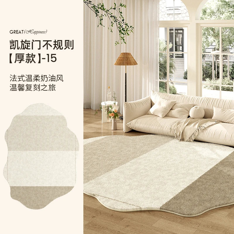 French Cream Style Carpets for Living Room Irregular Shape Bedroom Decor Line Carpet Fluffy Soft Plush Rug Thick Washable Mat