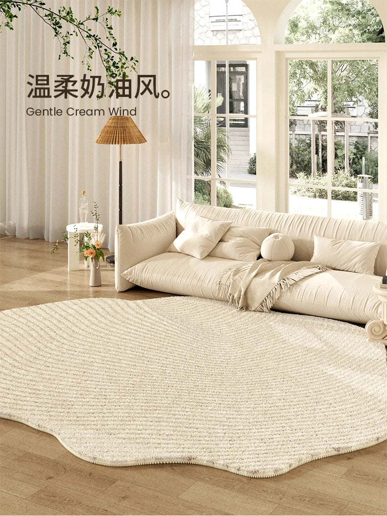 French Cream Style Carpets for Living Room Irregular Shape Bedroom Decor Line Carpet Fluffy Soft Plush Rug Thick Washable Mat