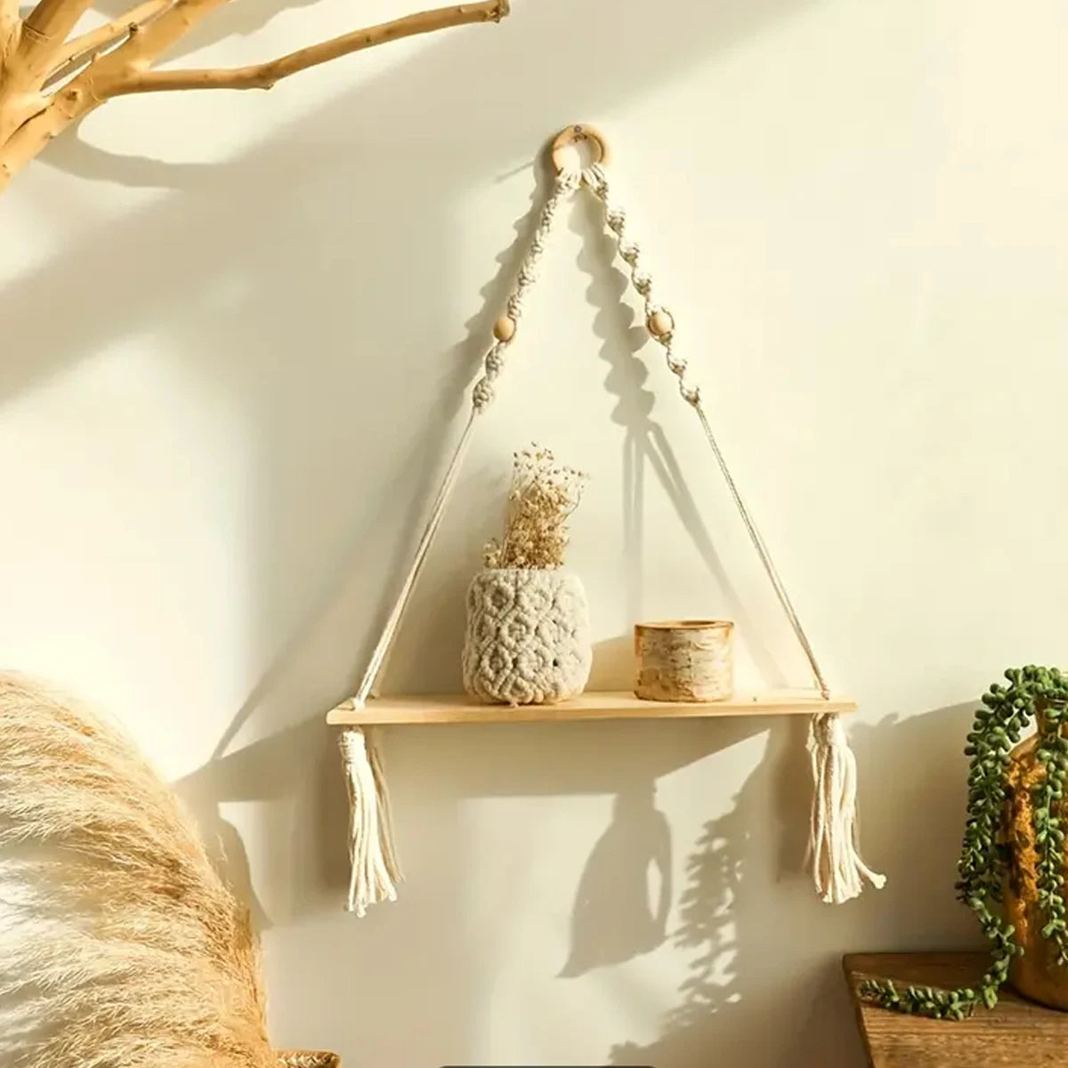 Macrame Hanging Shelf Boho Wall Decor Bedroom 1 PC Rustic Wood Floating Shelves for Room Nursery Bathroom Living Room College