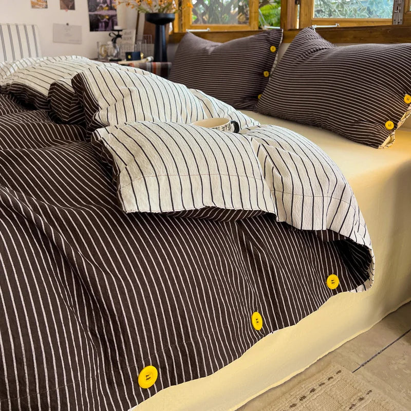 Japanese Simple Style 100% Washed Cotton Duvet Cover Set with Button Closure Durable Soft Bedding Set Bed Sheet Set Bed Linen