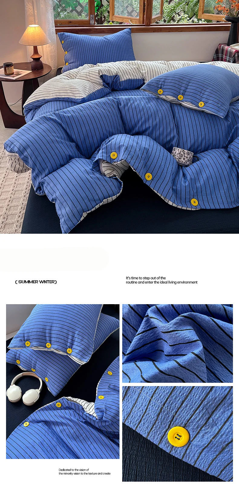 Japanese Simple Style 100% Washed Cotton Duvet Cover Set with Button Closure Durable Soft Bedding Set Bed Sheet Set Bed Linen
