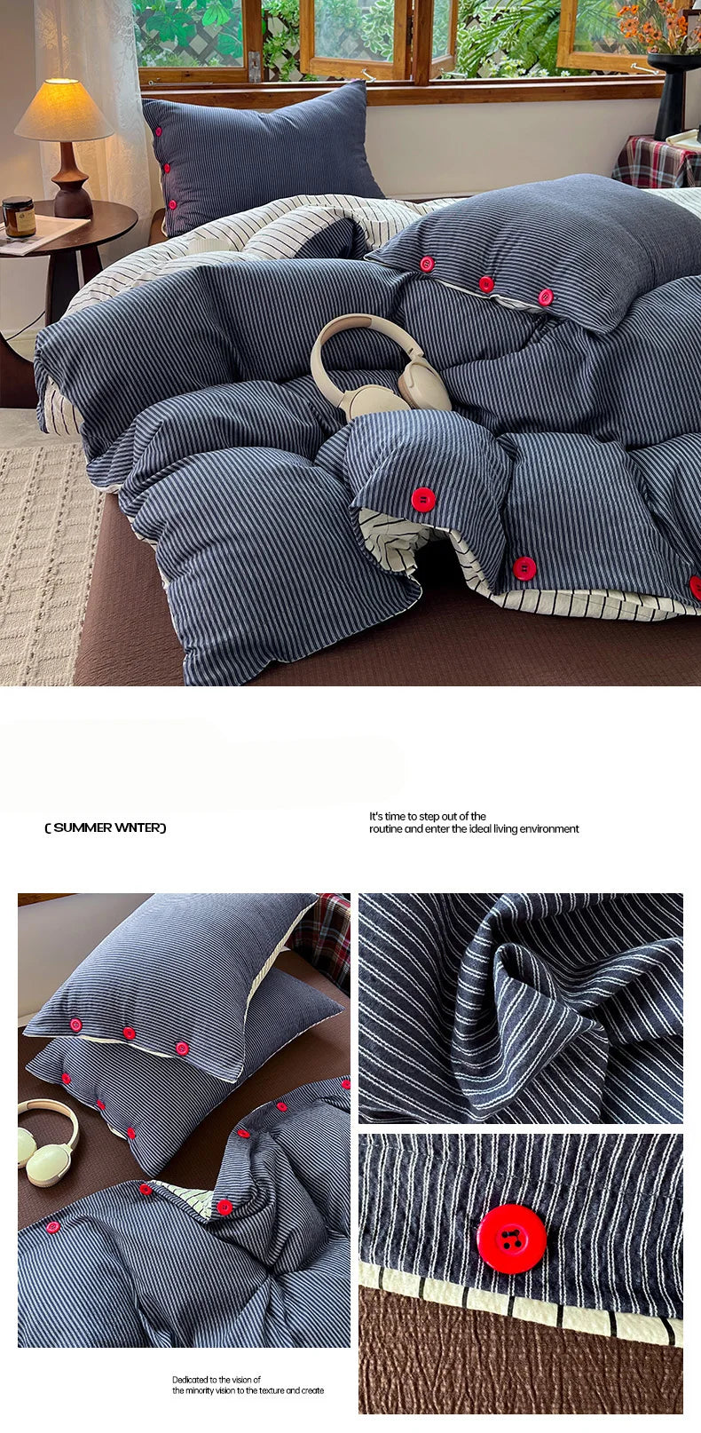 Japanese Simple Style 100% Washed Cotton Duvet Cover Set with Button Closure Durable Soft Bedding Set Bed Sheet Set Bed Linen