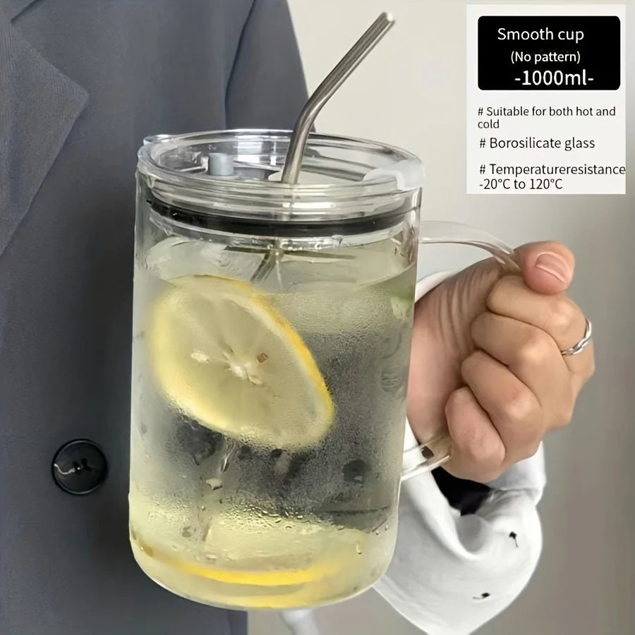 1L Large Capacity Glass Tumbler with Lid & Straw – Heavy-Duty Aesthetic Water Bottle