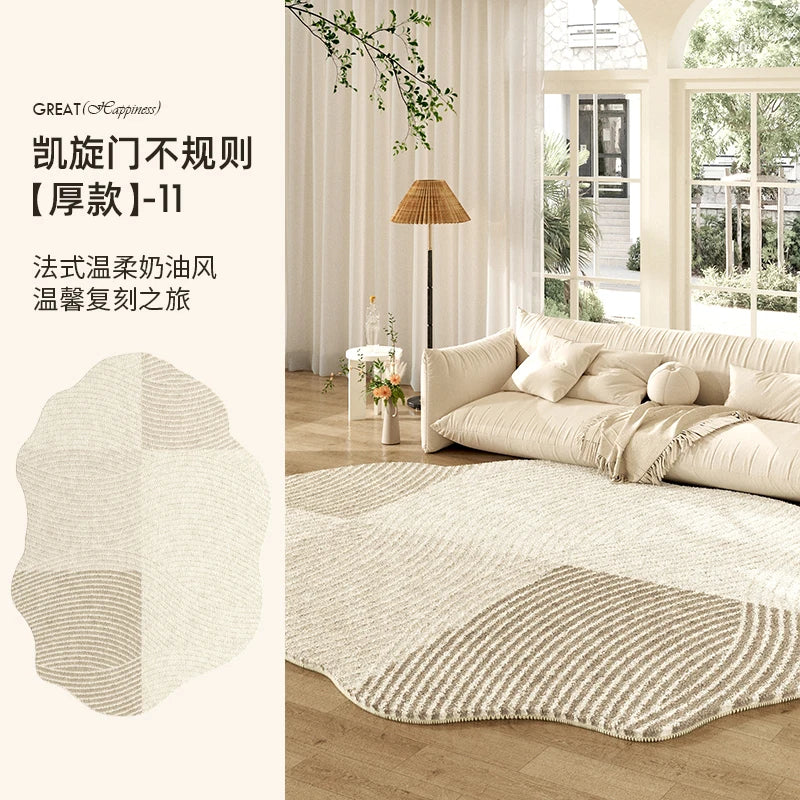 French Cream Style Carpets for Living Room Irregular Shape Bedroom Decor Line Carpet Fluffy Soft Plush Rug Thick Washable Mat