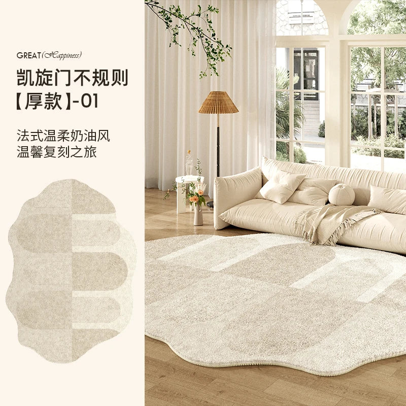 French Cream Style Carpets for Living Room Irregular Shape Bedroom Decor Line Carpet Fluffy Soft Plush Rug Thick Washable Mat
