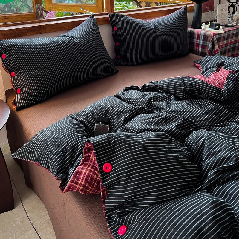 Japanese Simple Style 100% Washed Cotton Duvet Cover Set with Button Closure Durable Soft Bedding Set Bed Sheet Set Bed Linen