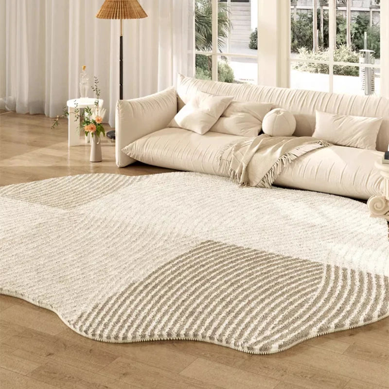 French Cream Style Carpets for Living Room Irregular Shape Bedroom Decor Line Carpet Fluffy Soft Plush Rug Thick Washable Mat
