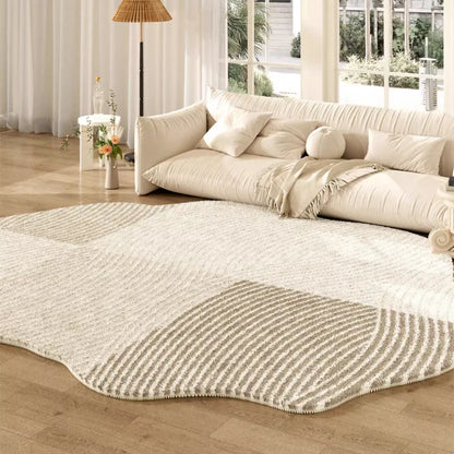 French Cream Style Carpets for Living Room Irregular Shape Bedroom Decor Line Carpet Fluffy Soft Plush Rug Thick Washable Mat