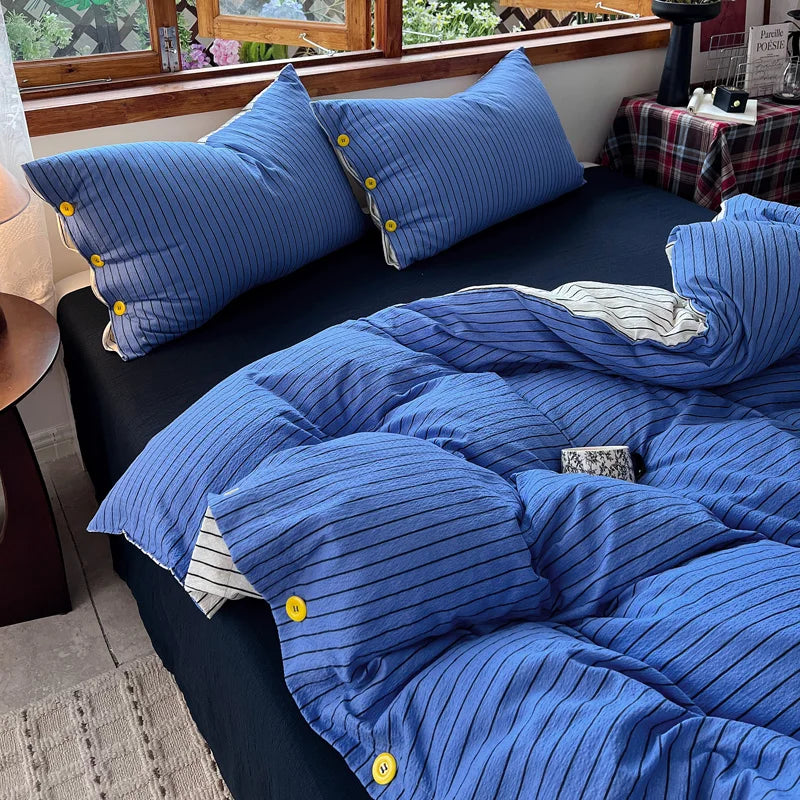 Japanese Simple Style 100% Washed Cotton Duvet Cover Set with Button Closure Durable Soft Bedding Set Bed Sheet Set Bed Linen