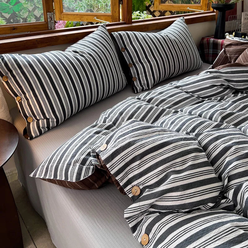 Japanese Simple Style 100% Washed Cotton Duvet Cover Set with Button Closure Durable Soft Bedding Set Bed Sheet Set Bed Linen