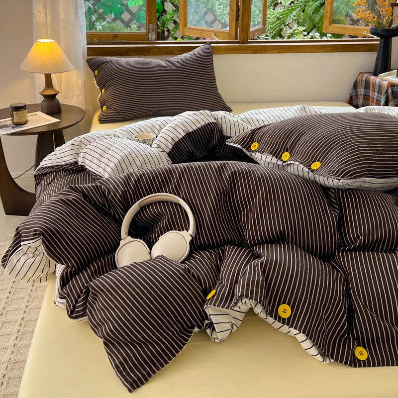 Japanese Simple Style 100% Washed Cotton Duvet Cover Set with Button Closure Durable Soft Bedding Set Bed Sheet Set Bed Linen