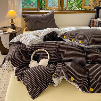 Japanese Simple Style 100% Washed Cotton Duvet Cover Set with Button Closure Durable Soft Bedding Set Bed Sheet Set Bed Linen