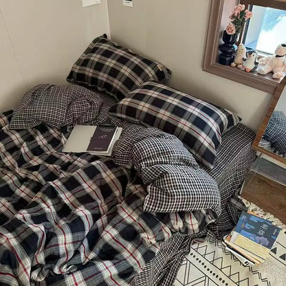 Grey Duvet Cover Set with Pillowcases Flat Sheet 2026 New Design Pink Plaid Home Hotel Single Queen Size Fashion Bedding Set