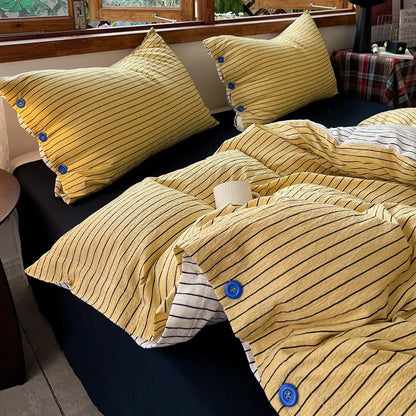 Japanese Simple Style 100% Washed Cotton Duvet Cover Set with Button Closure Durable Soft Bedding Set Bed Sheet Set Bed Linen