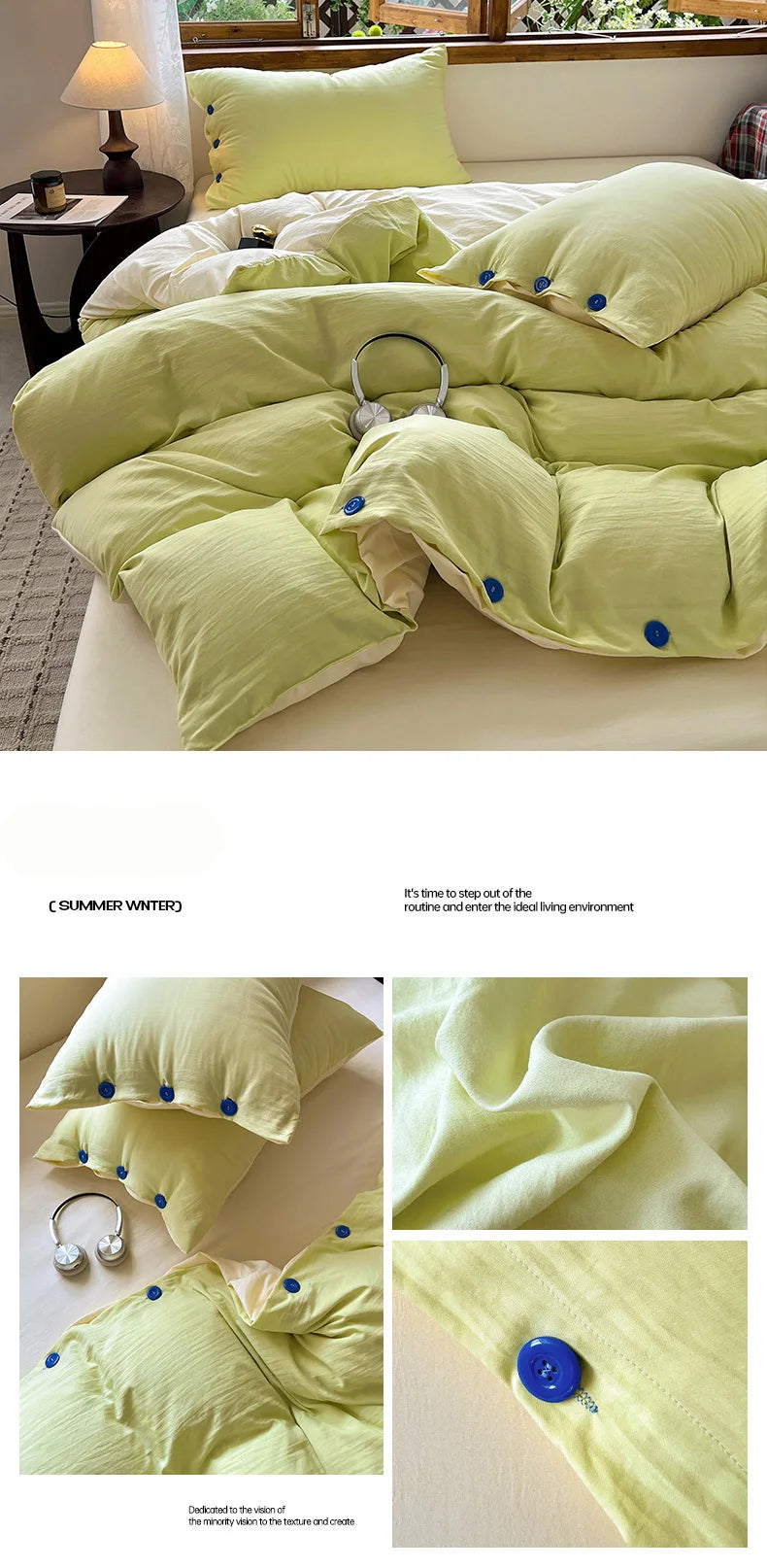 Japanese Simple Style 100% Washed Cotton Duvet Cover Set with Button Closure Durable Soft Bedding Set Bed Sheet Set Bed Linen