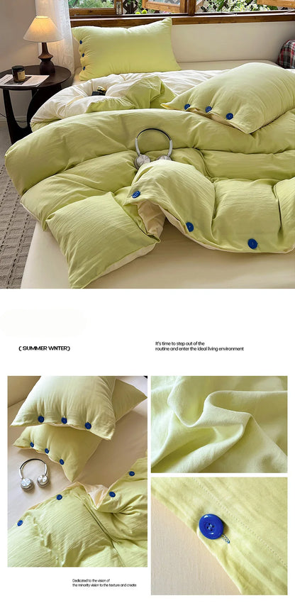 Japanese Simple Style 100% Washed Cotton Duvet Cover Set with Button Closure Durable Soft Bedding Set Bed Sheet Set Bed Linen