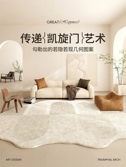 French Cream Style Carpets for Living Room Irregular Shape Bedroom Decor Line Carpet Fluffy Soft Plush Rug Thick Washable Mat