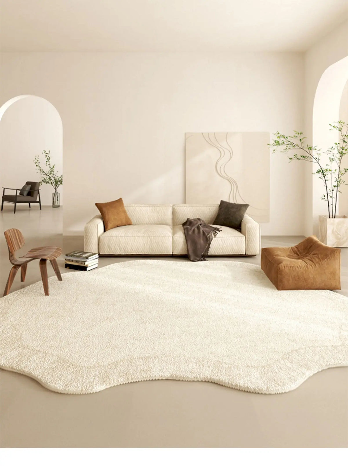 French Cream Style Carpets for Living Room Irregular Shape Bedroom Decor Line Carpet Fluffy Soft Plush Rug Thick Washable Mat