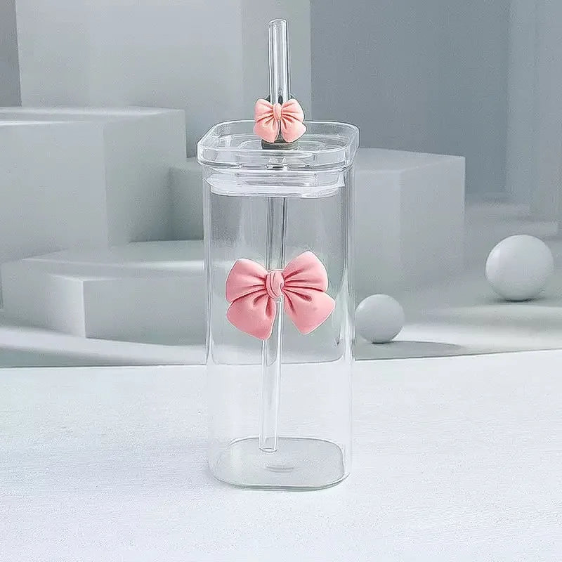 Cute Pink Bow 400ml Glass Tumbler Set with Natural Bamboo Lid & Reusable Straws