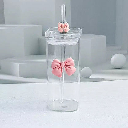 Cute Pink Bow 400ml Glass Tumbler Set with Natural Bamboo Lid & Reusable Straws