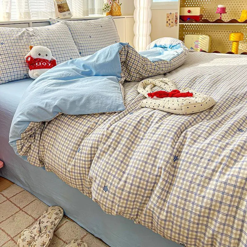 Grey Duvet Cover Set with Pillowcases Flat Sheet 2026 New Design Pink Plaid Home Hotel Single Queen Size Fashion Bedding Set