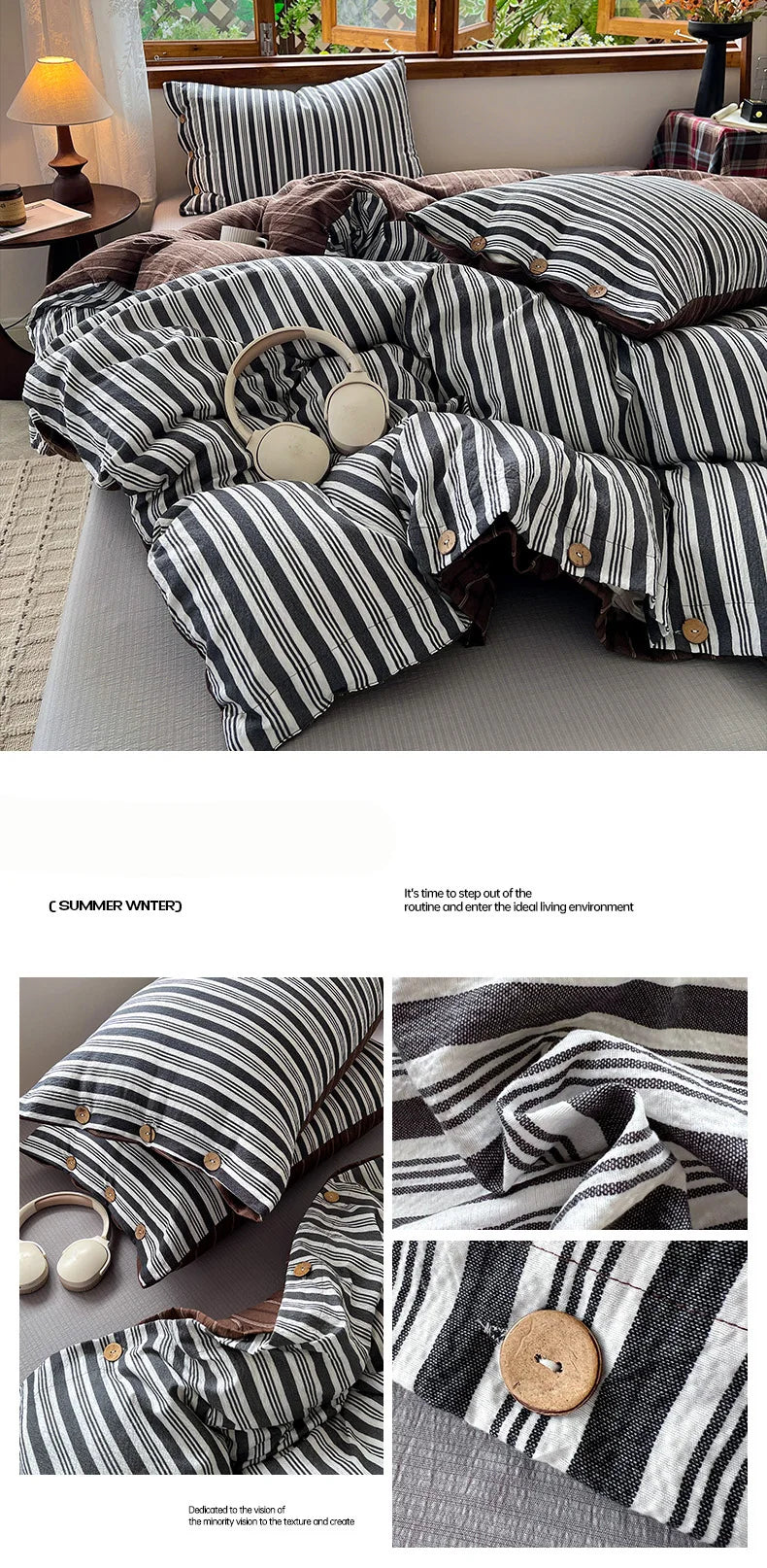 Japanese Simple Style 100% Washed Cotton Duvet Cover Set with Button Closure Durable Soft Bedding Set Bed Sheet Set Bed Linen