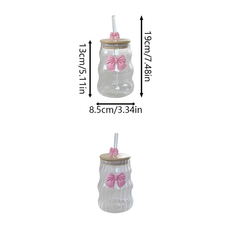 Glass Cup with Lid and Straw, Bow-Knot Aesthetic Coffee Tumbler Wavy Striped Clear Glassware for Iced Coffee, Milk, Tea & Juices