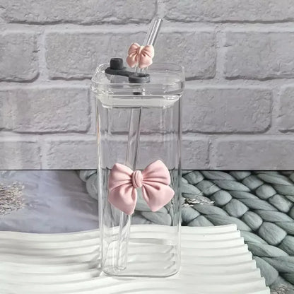 Cute Pink Bow 400ml Glass Tumbler Set with Natural Bamboo Lid & Reusable Straws
