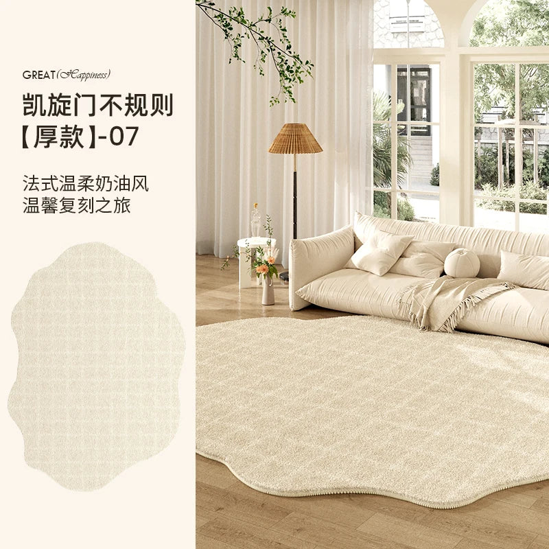 French Cream Style Carpets for Living Room Irregular Shape Bedroom Decor Line Carpet Fluffy Soft Plush Rug Thick Washable Mat