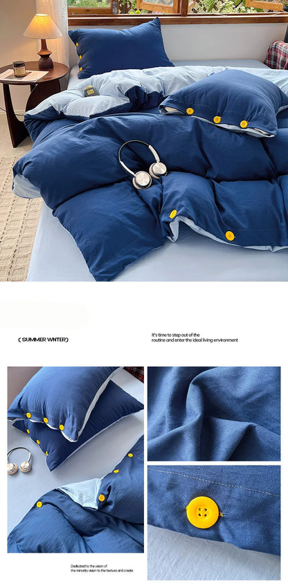 Japanese Simple Style 100% Washed Cotton Duvet Cover Set with Button Closure Durable Soft Bedding Set Bed Sheet Set Bed Linen