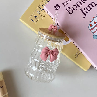 Glass Cup with Lid and Straw, Bow-Knot Aesthetic Coffee Tumbler Wavy Striped Clear Glassware for Iced Coffee, Milk, Tea & Juices