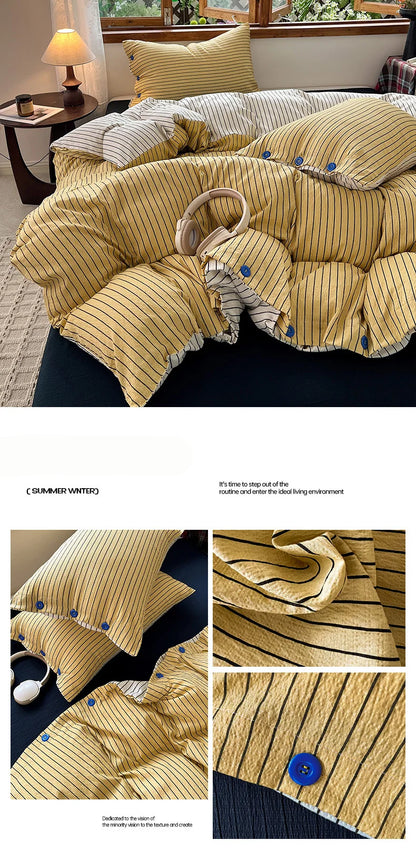 Japanese Simple Style 100% Washed Cotton Duvet Cover Set with Button Closure Durable Soft Bedding Set Bed Sheet Set Bed Linen
