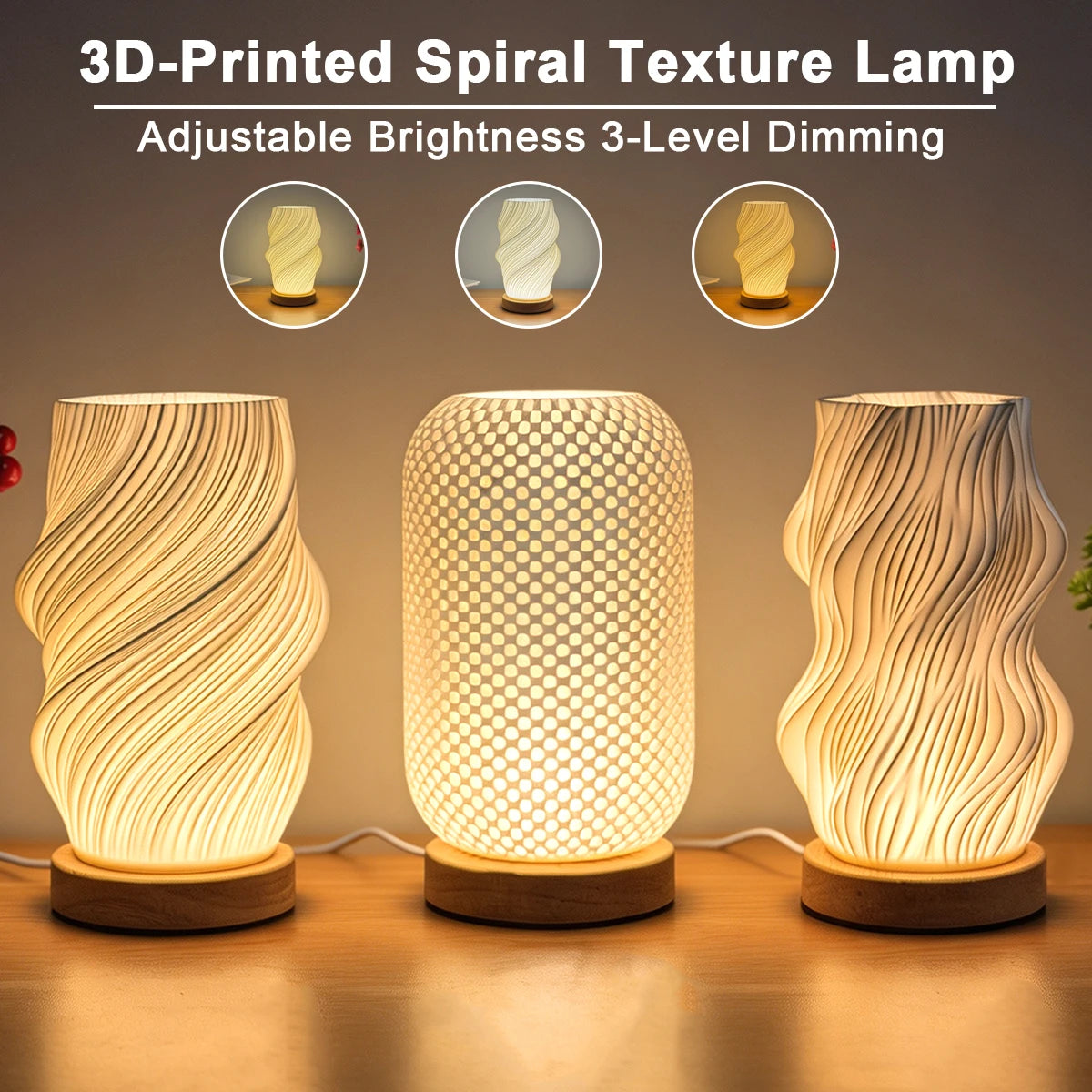 3D Printed Table Lamp USB Dimmable Twisted Texture Night