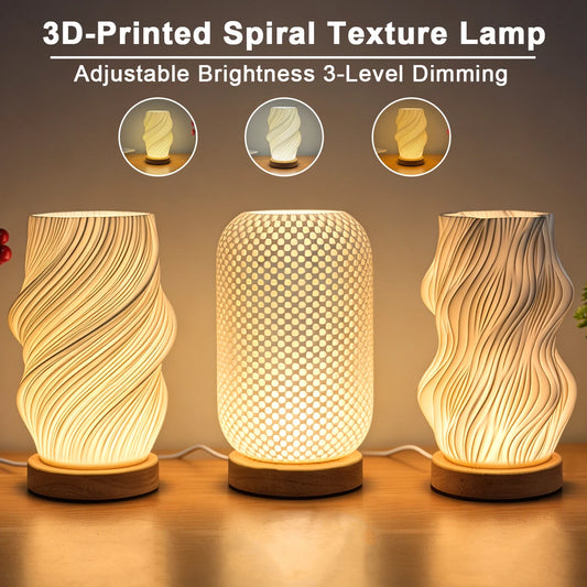 1pc Spiral 3D Printed Table Lamp USB Dimmable Twisted Texture Night Light Wooden Base Bedroom Cafe Decor Birthday Gift