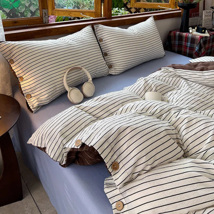 Japanese Simple Style 100% Washed Cotton Duvet Cover Set with Button Closure Durable Soft Bedding Set Bed Sheet Set Bed Linen
