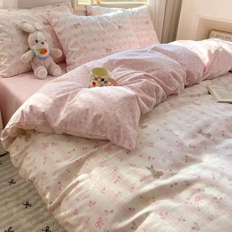 Grey Duvet Cover Set with Pillowcases Flat Sheet 2026 New Design Pink Plaid Home Hotel Single Queen Size Fashion Bedding Set