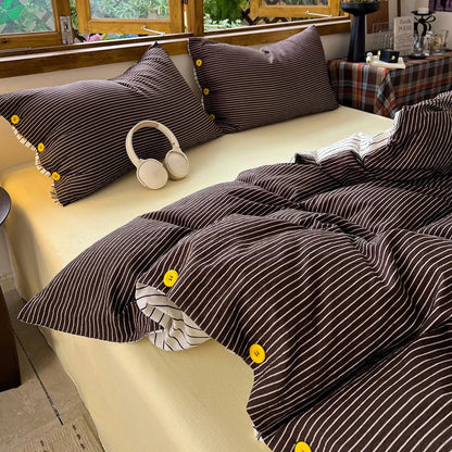 Japanese Simple Style 100% Washed Cotton Duvet Cover Set with Button Closure Durable Soft Bedding Set Bed Sheet Set Bed Linen