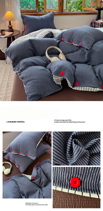 Japanese Simple Style 100% Washed Cotton Duvet Cover Set with Button Closure Durable Soft Bedding Set Bed Sheet Set Bed Linen