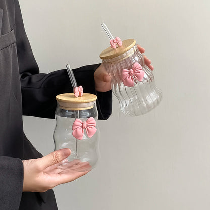Glass Cup with Lid and Straw, Bow-Knot Aesthetic Coffee Tumbler Wavy Striped Clear Glassware for Iced Coffee, Milk, Tea & Juices