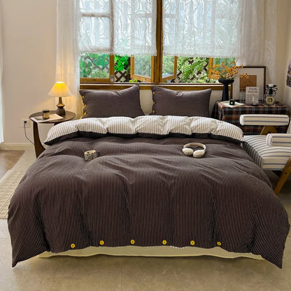 Japanese Simple Style 100% Washed Cotton Duvet Cover Set with Button Closure Durable Soft Bedding Set Bed Sheet Set Bed Linen