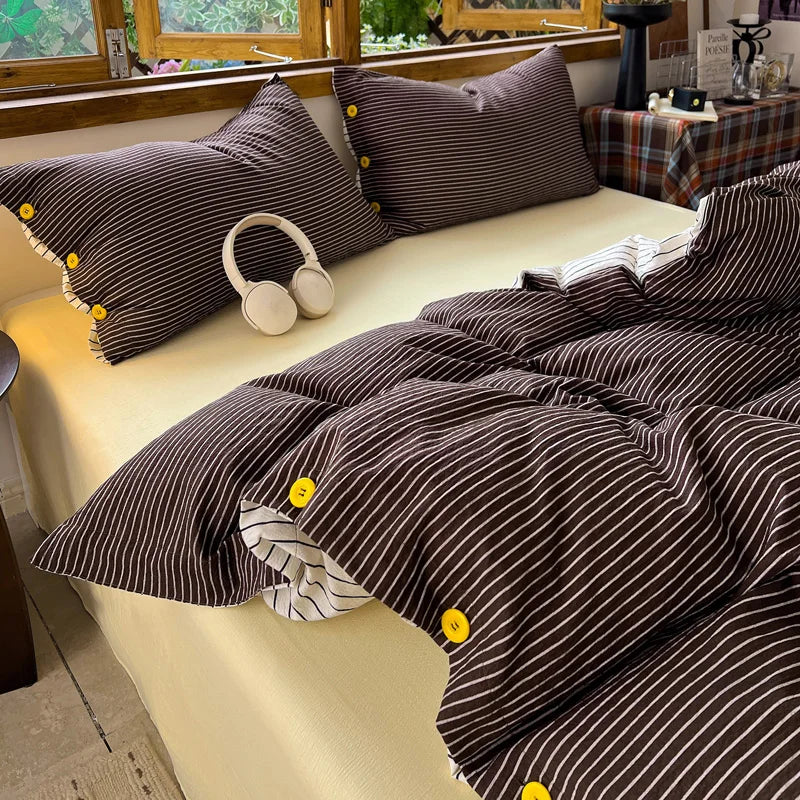 Japanese Simple Style 100% Washed Cotton Duvet Cover Set with Button Closure Durable Soft Bedding Set Bed Sheet Set Bed Linen