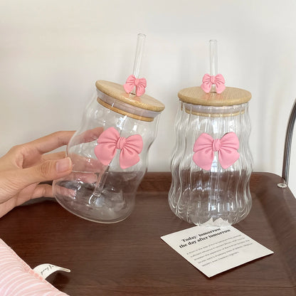 Glass Cup with Lid and Straw, Bow-Knot Aesthetic Coffee Tumbler Wavy Striped Clear Glassware for Iced Coffee, Milk, Tea & Juices