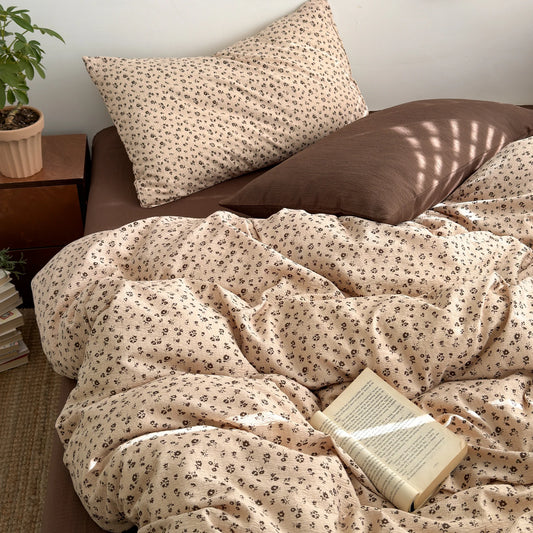 Ins Korean Style Vintage Floral Bedding Set Washed Cotton Duvet Cover Set, Dormitory Bed Single Three Piece