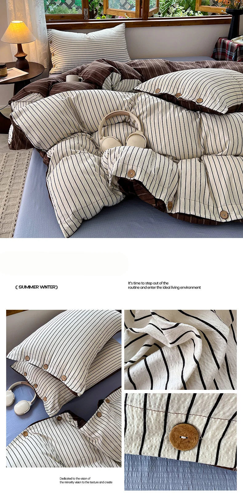 Japanese Simple Style 100% Washed Cotton Duvet Cover Set with Button Closure Durable Soft Bedding Set Bed Sheet Set Bed Linen