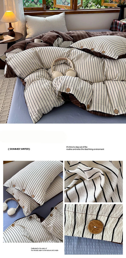 Japanese Simple Style 100% Washed Cotton Duvet Cover Set with Button Closure Durable Soft Bedding Set Bed Sheet Set Bed Linen